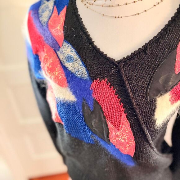 Lauren Cole vtg black blue pink abstract patchwork sweater with mohair Size M - Picture 2 of 7